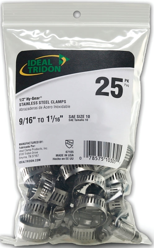 IDEAL-TRIDON Ideal-Tridon Hy-Gear 67-6 Series 6710550 Worm Gear Hose Clamp, #10, 1/2 to 1-1/16 in, Stainless Steel PLUMBING, HEATING & VENTILATION IDEAL-TRIDON
