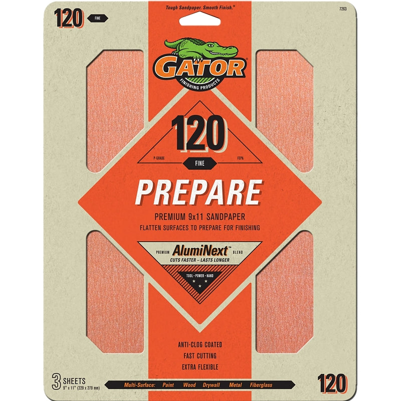 GATOR Gator AlumiNext 7263 Sanding Sheet, 11 in L, 9 in W, 120 Grit, Fine, Aluminum Oxide Abrasive PAINT GATOR
