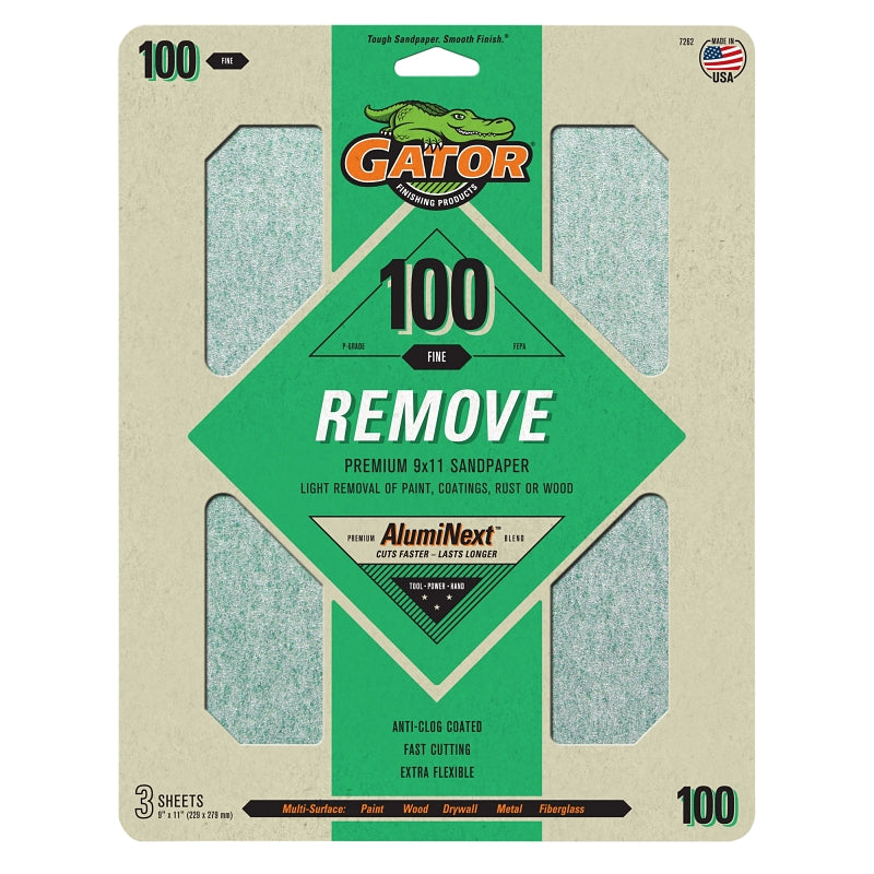 GATOR Gator 7262 Premium Sandpaper, 9 in W, 11 in L, 100 Grit, Coarse, Latex Backing PAINT GATOR