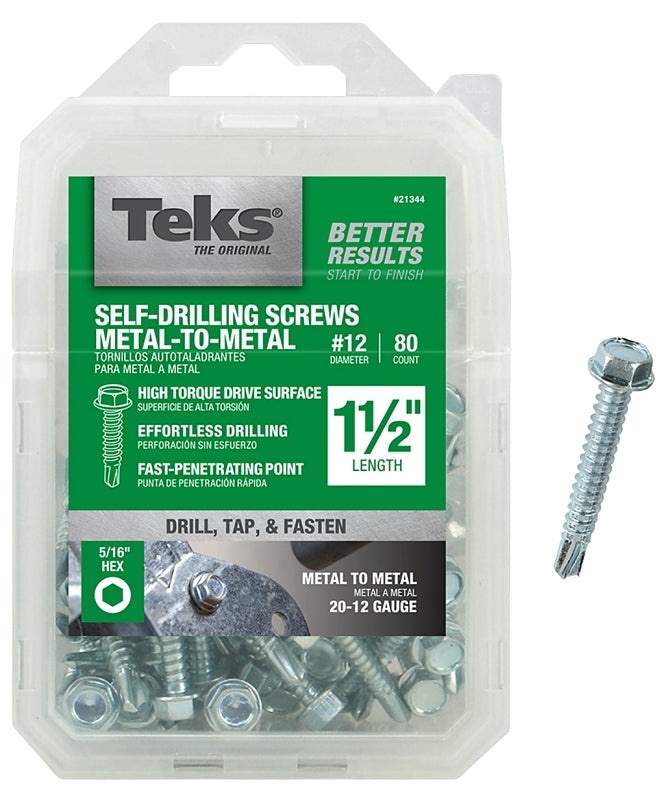 TEKS Teks 21344 Screw, #12 Thread, 1-1/2 in L, Coarse Thread, Hex Drive, Self-Drilling, Self-Tapping Point, Steel, Zinc