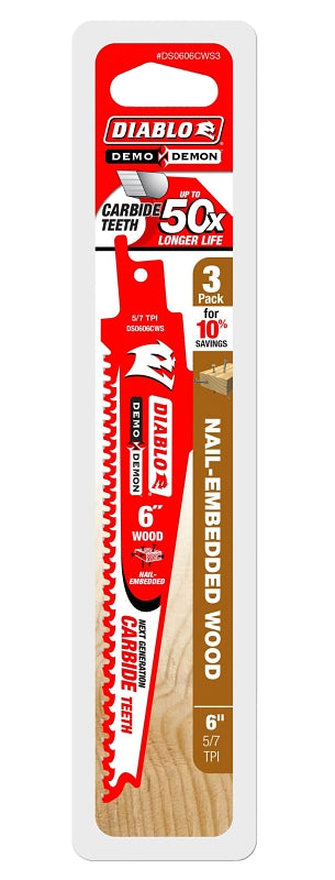 DIABLO Diablo DS0606CWS3 Reciprocating Saw Blade, Applicable Materials: Nail-Embedded Wood, 1 in W, 6 in L, 6/9 TPI, 45-Teeth