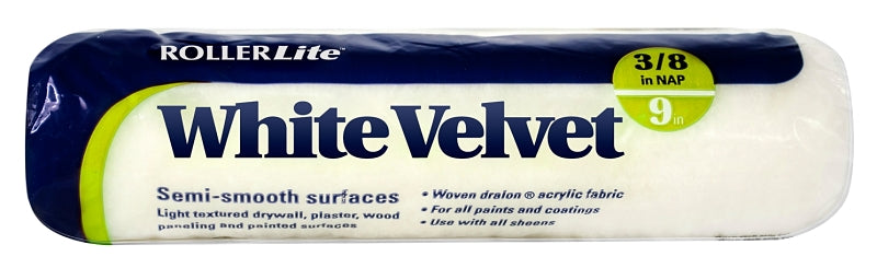 ROLLERLITE RollerLite White Velvet 9WV038 Roller Cover, 3/8 in Thick Nap, 9 in L, Dralon Cover, White PAINT ROLLERLITE   