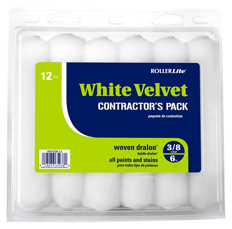 ROLLERLITE RollerLite White Velvet 6WV038-12 Mini Roller Cover, 3/8 in Thick Nap, 6 in L, Dralon Cover, White PAINT ROLLERLITE   