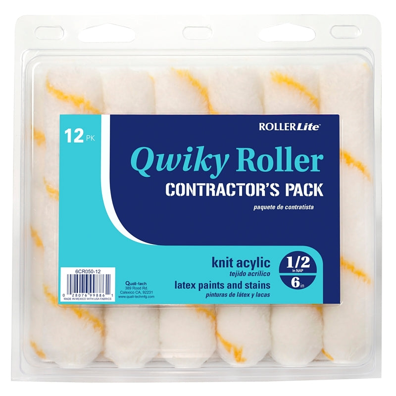 ROLLERLITE RollerLite Qwiky 6CR050Q-12 Mini Roller Cover, 1/2 in Thick Nap, 6 in L, Acrylic Cover, Gold/White, 12/PK PAINT ROLLERLITE   