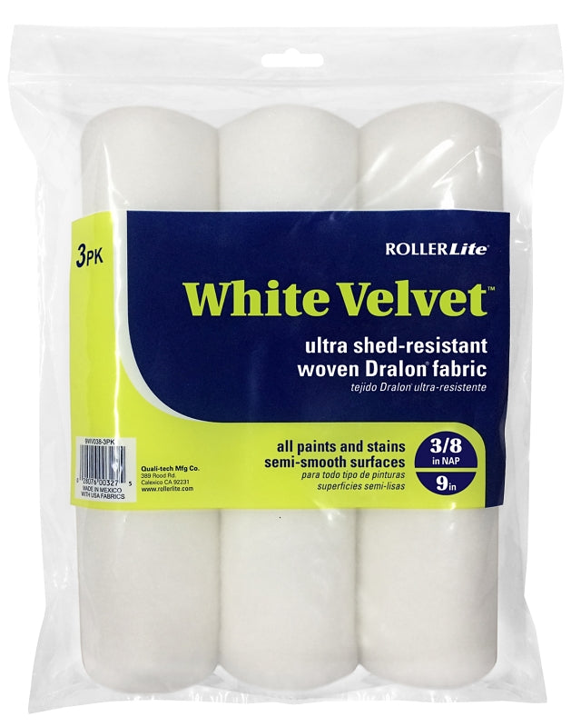 ROLLERLITE RollerLite White Velvet 9WV038-3PK Roller Cover, 3/8 in Thick Nap, 9 in L, Dralon Fabric Cover, White PAINT ROLLERLITE   