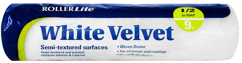 ROLLERLITE RollerLite White Velvet 9WV050 Roller Cover, 1/2 in Thick Nap, 9 in L, Dralon Fabric Cover, White