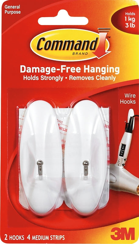 COMMAND Command 17068 Wire Hook, 0.3 in Opening, 3 lb, 2-Hook, Metal/Plastic, White