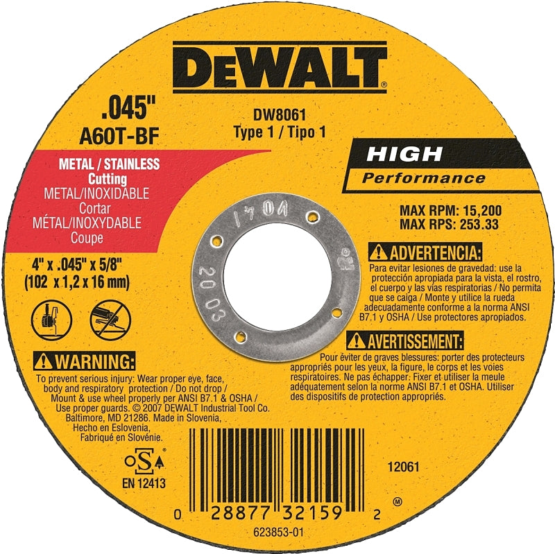 DEWALT DEWALT DW8061 Cutting Wheel, 4 in Dia, 0.045 in Thick, 5/8 in Arbor, Aluminum Oxide Abrasive