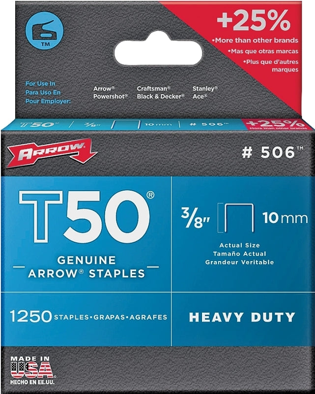 ARROW Arrow T50 Series 50624 Staple, For: T50 WA Stapler, 3/8 in W Crown, 3/8 in L Leg