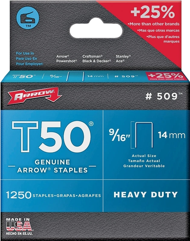 ARROW Arrow T50 Series 50924 Staple, 3/8 in W Crown, 9/16 in L Leg, Steel, Galvanized