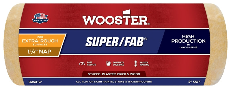 WOOSTER BRUSH Wooster R243-9 Roller Cover, 1-1/4 in Thick Nap, 9 in L, Knit Fabric Cover, Golden Yellow PAINT WOOSTER BRUSH