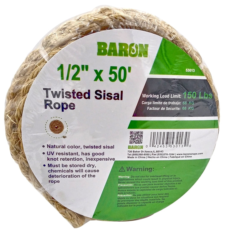 BARON Baron 53013 Utility Rope, 1/2 in Dia, 50 ft L, 248 lb Working Load, Sisal, Natural HARDWARE & FARM SUPPLIES BARON