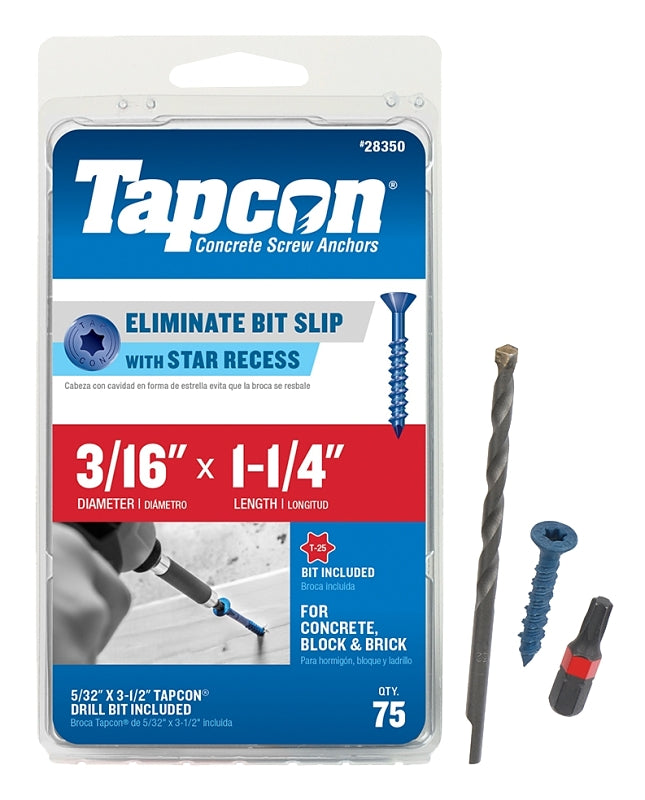 TAPCON Tapcon 28350 Concrete Screw Anchor, T25 Screw, 3/16 in Dia, 1-1/4 in L, Steel, Climaseal, 75/PK
