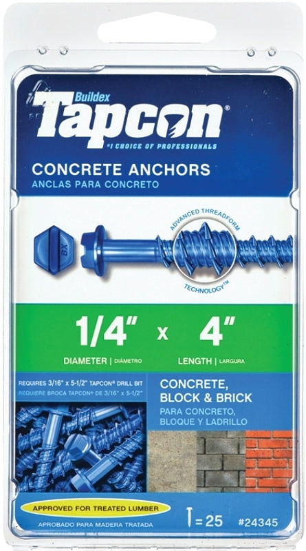 TAPCON Tapcon 24345 Screw Anchor, Hex Drive, Steel, Climaseal, 25 PK