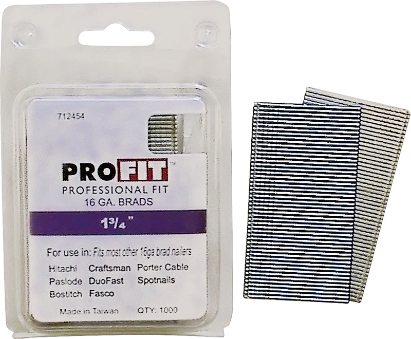 PRO-FIT ProFIT 0712454 Series Finish Nail, Glue Collation, 1-3/4 in L, 16 ga, Steel, Electro-Galvanized, Brad Head