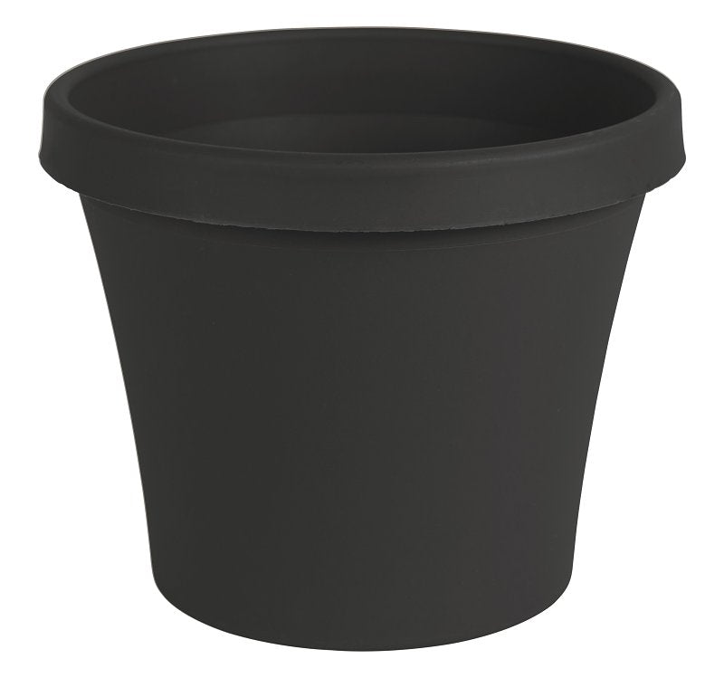 BLOEM Bloem Terra Series TR0800 Planter, 7-1/2 in H, 8-3/4 in W, 8-3/4 in D, Round, Tapered Design, Plastic, Black, Matte
