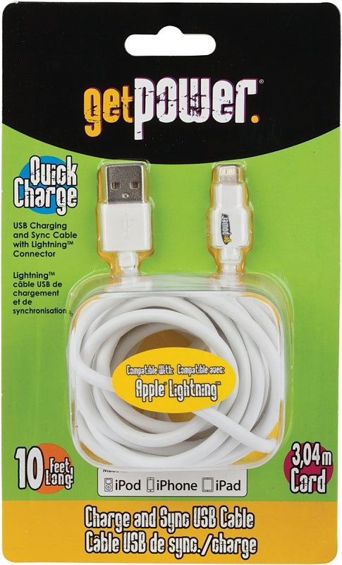 GET POWER GetPower GP-XL-USB-L USB Charging and Sync Cable, White, 10 ft L ELECTRICAL GET POWER