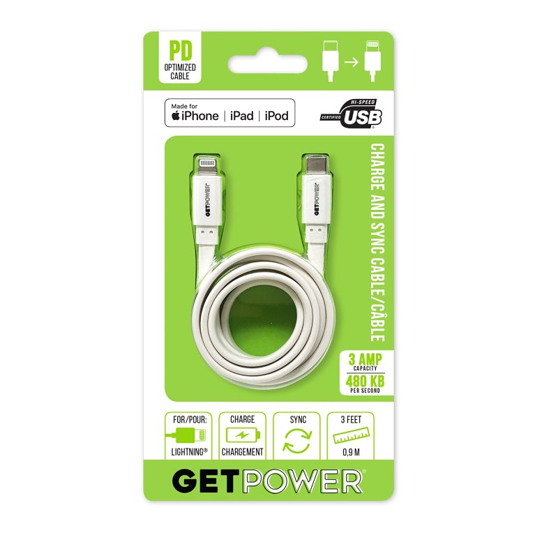 GET POWER GetPower GP-USBC-ACL Sync and Charging Cable, USB Type C, Lightning, White, 3 ft L ELECTRICAL GET POWER
