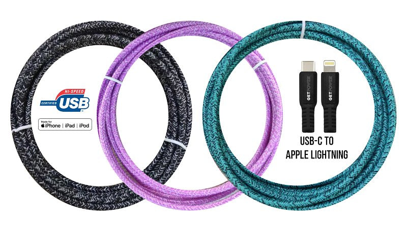 GET POWER GetPower GP-XL-BRDC-L Power Delivery Braided Charging Cable, USB-C, Apple Lightning, 10 ft Cable, Multi-Color ELECTRICAL GET POWER