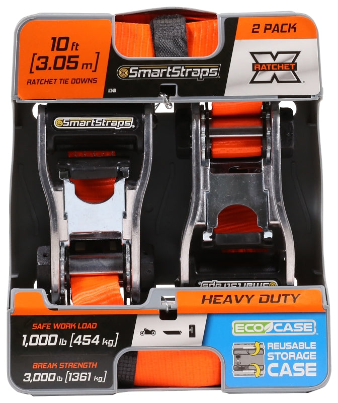 SMARTSTRAP SmartStrap 340 Tie-Down, 1-1/4 in W, 10 ft L, Polyester, Orange, 1000 lb, S-Hook End Fitting, Steel End Fitting AUTOMOTIVE SMARTSTRAP