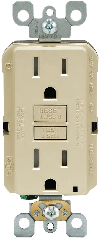 LEVITON Leviton R91-GFTR1-0KI GFCI Duplex Receptacle, 2 -Pole, 15 A, 125 V, Back, Side Wiring, NEMA: 5-15R, Ivory ELECTRICAL LEVITON