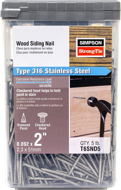 SIMPSON STRONG-TIE Simpson Strong-Tie T6SND5 Siding Nail, 6D, 2 in L, Stainless Steel, Full Round Head, Annular Ring Shank, 5 lb