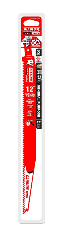 DIABLO Diablo DS1209CGP3 Series Reciprocating Saw Blade, Applicable Materials: Metal, Wood, 12 in L, 6/9 TPI, 3/PK