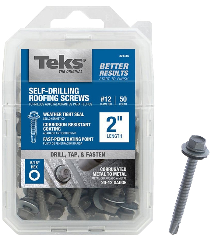 TEKS Teks 21416 Roofing Screw, #12 Thread, Coarse Thread, Hex Drive, Self-Drilling Point, Steel, Zinc, 50 PK HARDWARE & FARM SUPPLIES TEKS