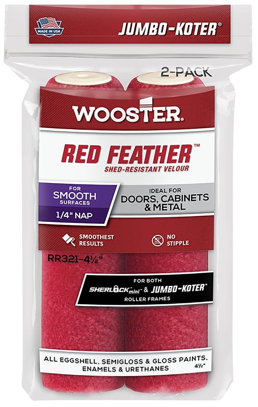 WOOSTER BRUSH Wooster RED FEATHER Series RR321-4 1/2 Roller Cover, 1/4 in Thick Nap, 4-1/2 in L, Velour Fabric Cover