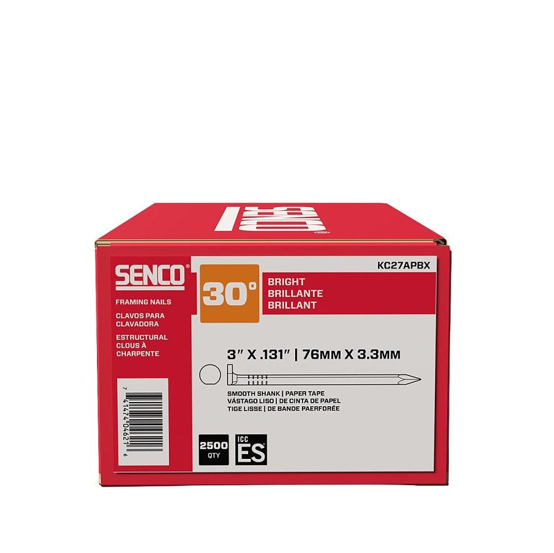 SENCO Senco KC27APBX Series Collated Nail, Paper Tape Collation, 3 in L, Steel, Bright Basic, Offset Full Round Head, Smooth Shank