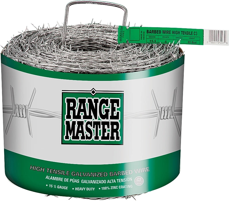 RANGEMASTER Rangemaster Class 3 7203 Barbed Wire, 1320 ft L, 15-1/2 Gauge, 5 in Points Spacing, Zinc