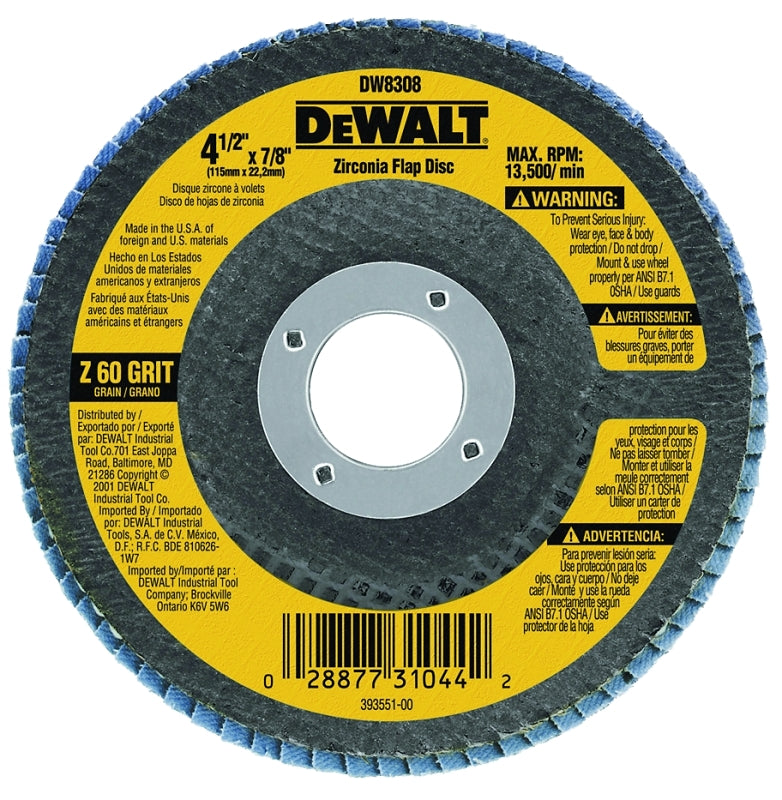 DEWALT DEWALT DW8308 Flap Disc, 4-1/2 in Dia, 7/8 in Arbor, Coated, 60 Grit, Medium, Zirconia Abrasive, 1/PK TOOLS DEWALT