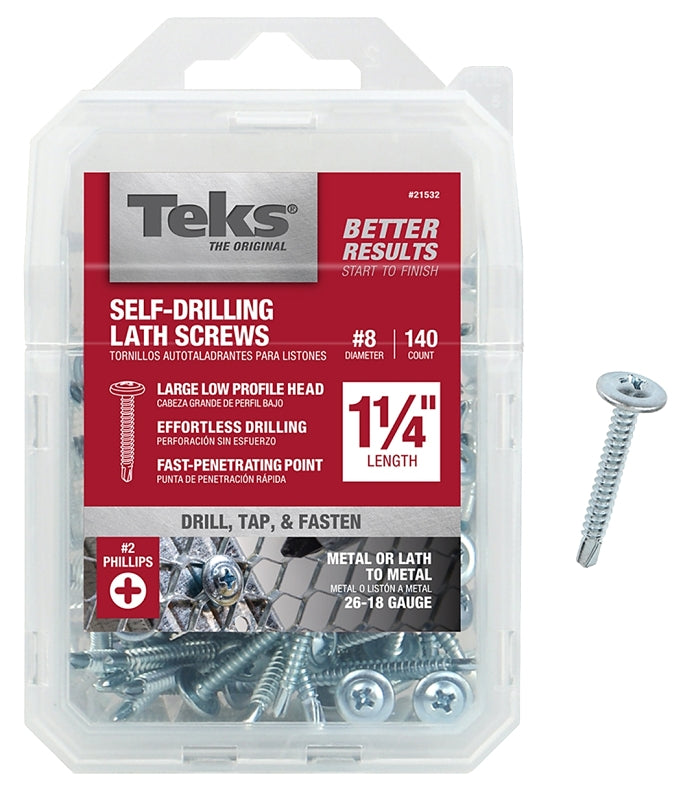 TEKS Teks 21532 Lath Screw, #8 Thread, 2.38 in L, Truss Head, Phillips Drive, Drill Point, Steel, Zinc, 140 PK