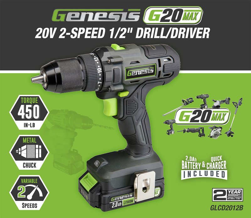 RICHPOWER Genesis GLCD2012B Drill Driver, Battery Included, 20 V, 2 Ah, 1/2 in Chuck, Ratcheting Chuck
