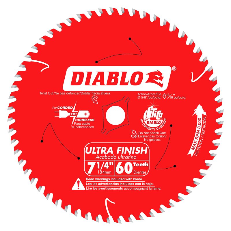 DIABLO Diablo D0760X Circular Saw Blade, 7-1/4 in Dia, 5/8 in Arbor, 60-Teeth, TiCo Cutting Edge TOOLS DIABLO