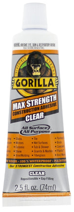 GORILLA Gorilla 105045 Max Strength Construction Adhesive, Clear, 2.5 fl-oz Tube