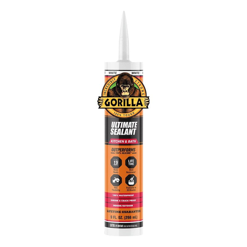 GORILLA Gorilla 117283 Kitchen and Bath Sealant, White, 24 hr Curing, >40 deg F, 9 oz Cartridge