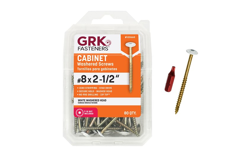 GRK FASTENERS GRK Fasteners 120660 Cabinet Screw, #8 Thread, 2-1/2 in L, W-Cut Thread, Low-Profile, Washer Head, Star Drive, 80 PK