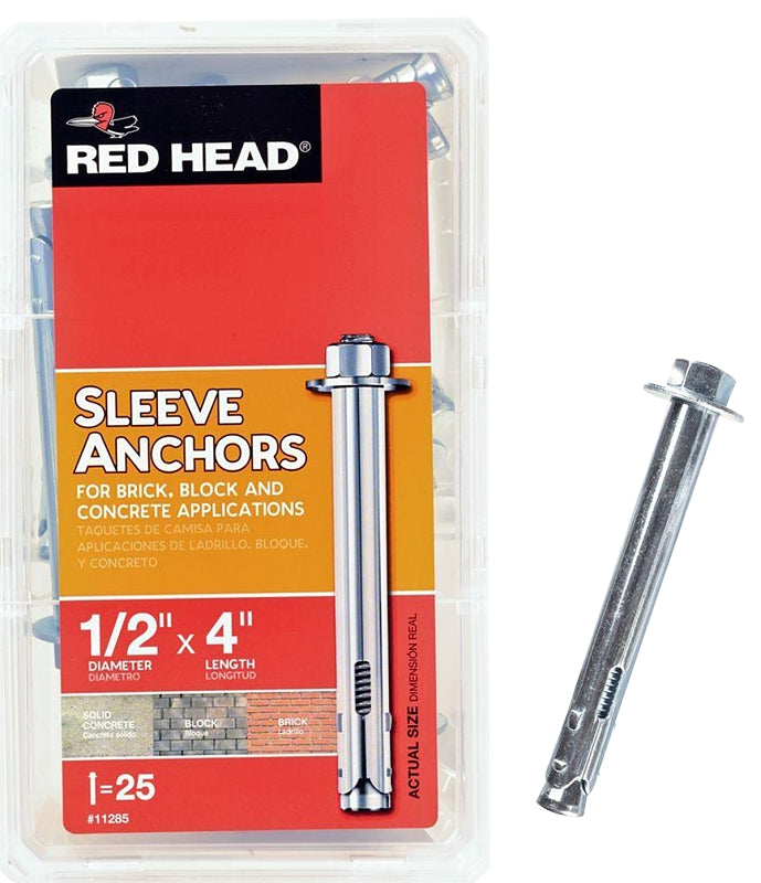 RED HEAD Red Head 11285 Sleeve Anchor, 1/2 in Dia, 4 in L, Steel, Zinc HARDWARE & FARM SUPPLIES RED HEAD