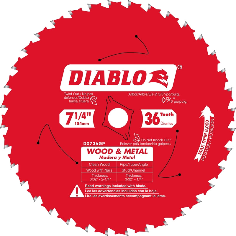 DIABLO Diablo D0736GPA Circular Saw Blade, 7-1/4 in Dia, 5/8 in Arbor, 36-Teeth, Carbide Cutting Edge