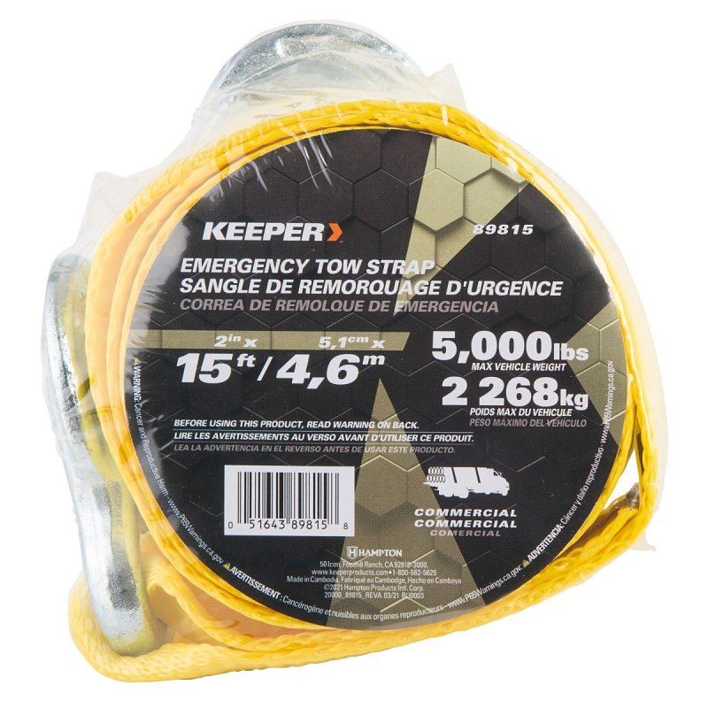 KEEPER Keeper 89815 Tow Strap, 12,000 lb Rope, 5000 lb Vehicle, 2 in W, 15 ft L, Hook End, Polyester, Yellow AUTOMOTIVE KEEPER