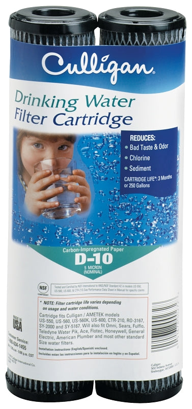 CULLIGAN SALES Culligan D-10A Drinking Water Filter, 5 um Filter, Carbon Impregnated Cellulose Filter Media