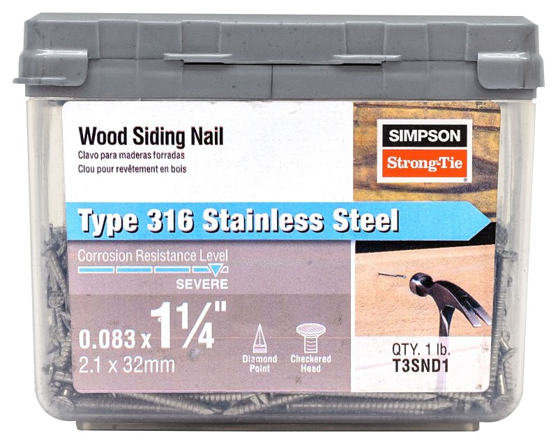 SIMPSON STRONG-TIE Simpson Strong-Tie T3SND1 Wood Siding Nail, 3D, 1-1/4 in L, Stainless Steel, Full Round Head, 1 lb, 1/lb