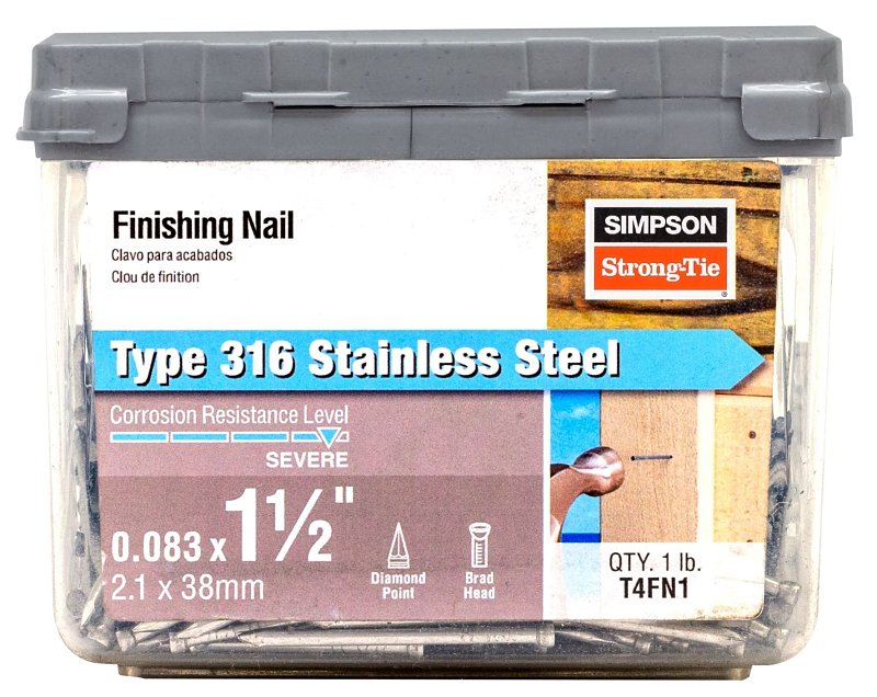 SIMPSON STRONG-TIE Simpson Strong-Tie T4FN1 Finishing Nail, 4D, 1-1/2 in L, 14 ga Gauge, Stainless Steel, Brad Head, Smooth Shank