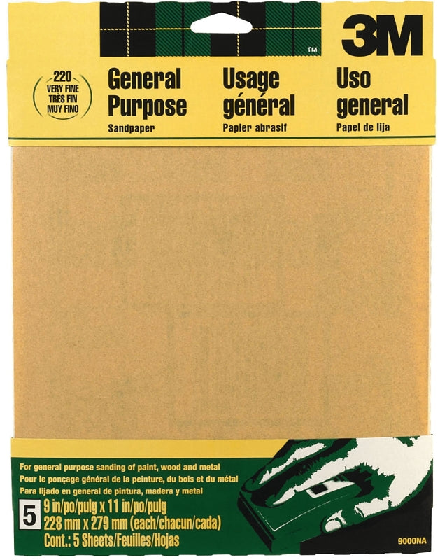 3M 3M 9000NA Sandpaper Sheet, 11 in L, 9 in W, Very Fine, 220 Grit, Aluminum Oxide Abrasive, Paper Backing