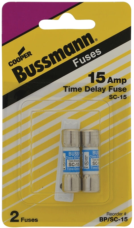 BUSSMANN Bussmann BP/SC-15 Time Delay Fuse, 15 A, 600 VAC, 170 VDC, 10, 100 kA Interrupt, Glass Body ELECTRICAL BUSSMANN