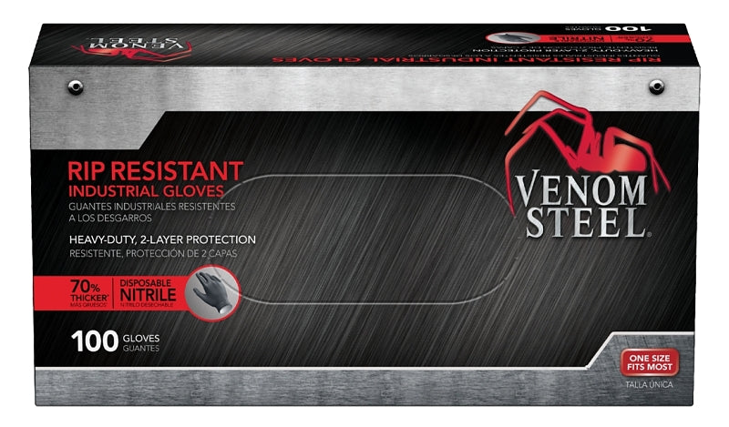 VENOM Venom Steel VEN6145N Disposable Gloves, One-Size, Nitrile, Powder-Free, Black, 9-1/2 in L, Beaded Cuff