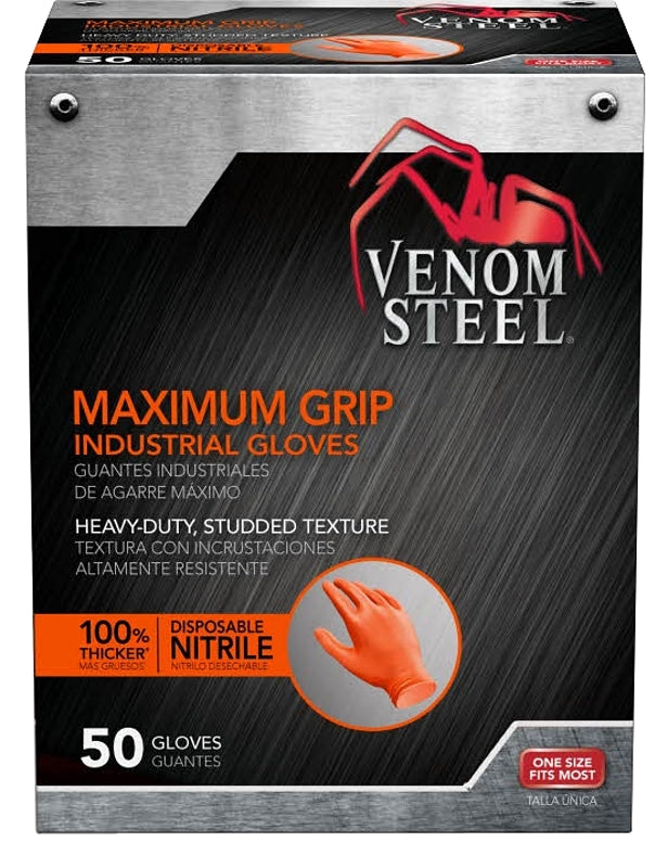 VENOM Venom Steel Maximum Grip Series VEN6085 Industrial Gloves, One-Size, Nitrile, Powder-Free, Hi-Vis Orange, 9-1/2 in L