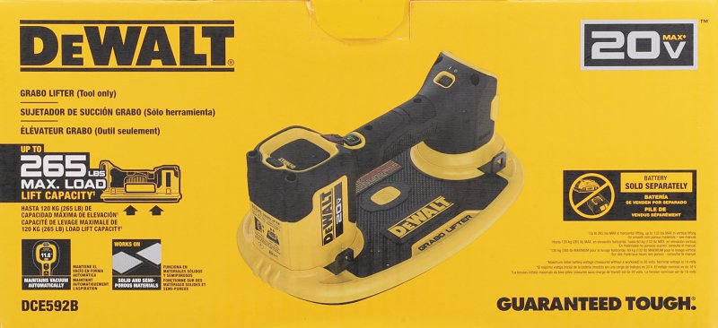 DEWALT DEWALT 20V MAX DCE592B Grabo Lifter, 265 lb Max Load Capacity, 1 Cups, Plastic, Yellow TOOLS DEWALT