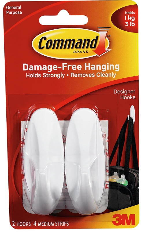 COMMAND Command 17081 Medium Designer Hook, 3-1/8 in L x 1-1/8 in W x 1-1/8 in H Dimensions, 5/8 in Opening, 3 lb, 2-Hook, 2/PK